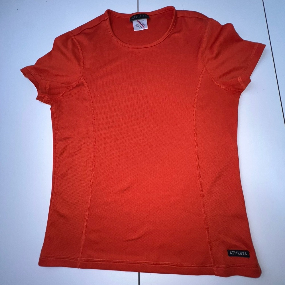 Athleta Active Top Women's Medium Short Sleeve Red-Orange Stretch Round Neck
